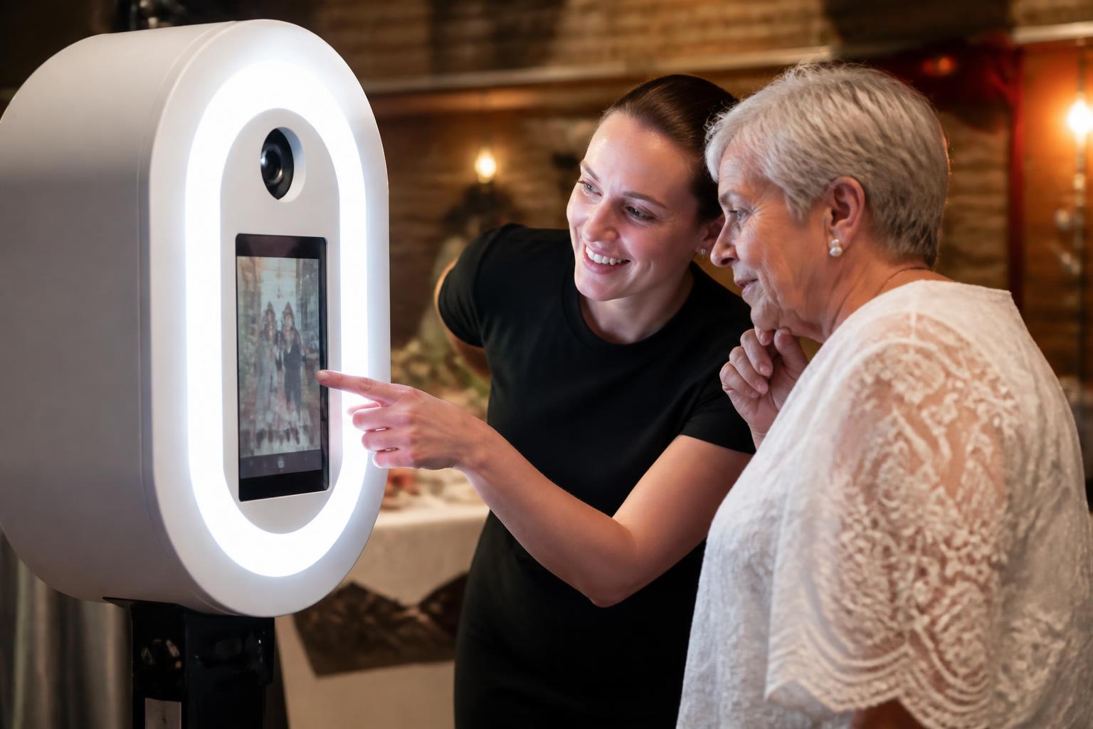 Operátor segít egy vendégnek a fotóautomata használatában.