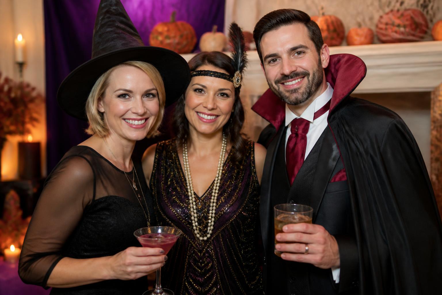 Jelmezes vendégek közös fotót készítenek egy Halloween-bulin.