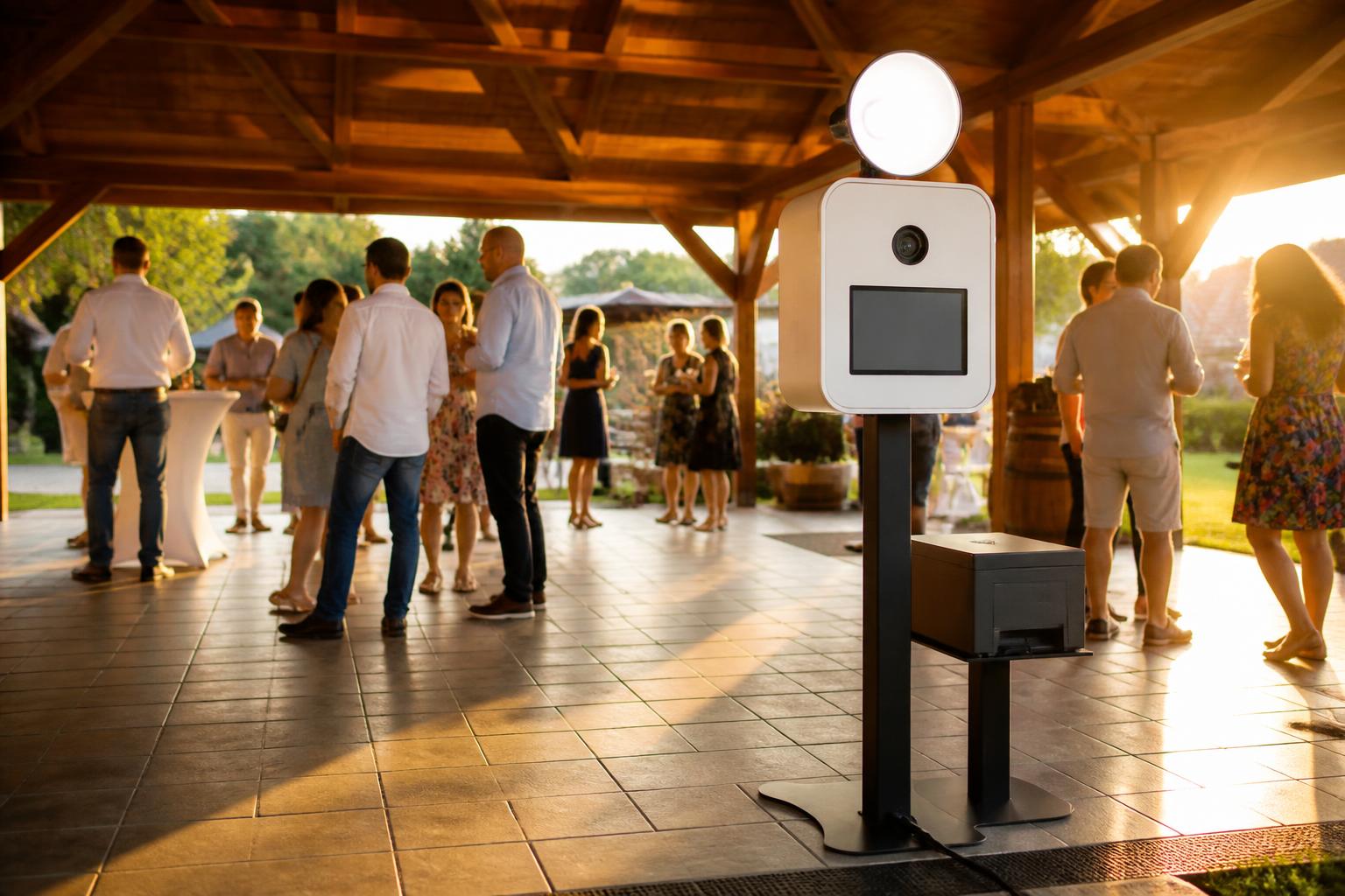 Fotóautomata fedett és árnyékos ponton egy szabadtéri rendezvényen.