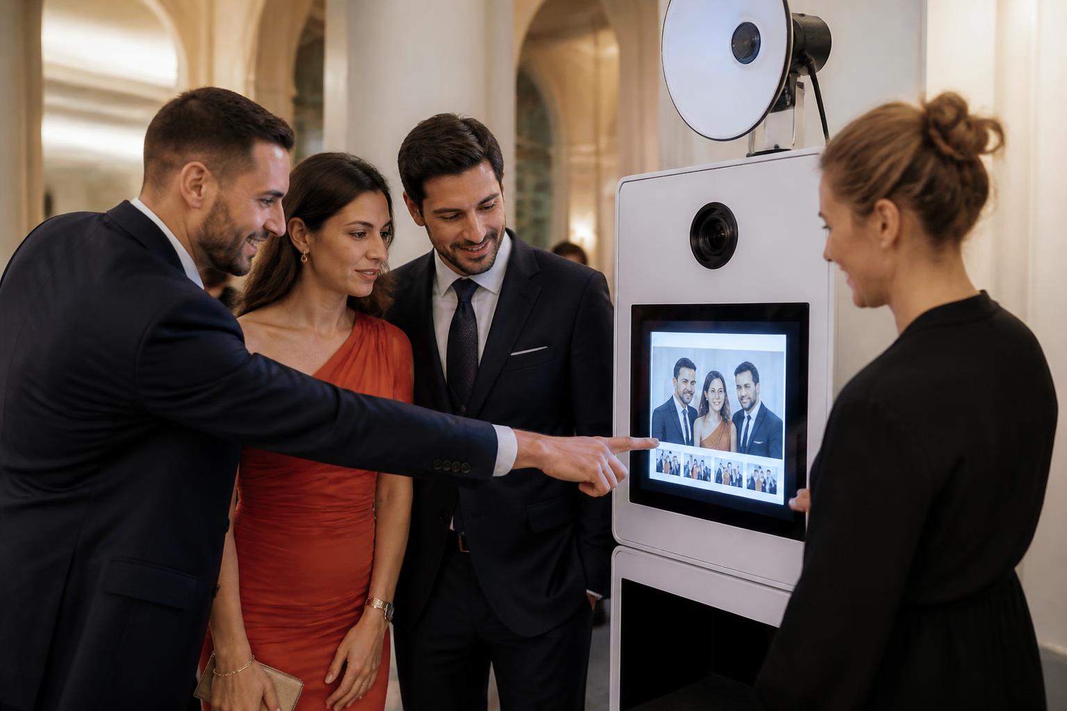 Vendégek közös fotót választanak egy rendezvény fotóautomatájánál.