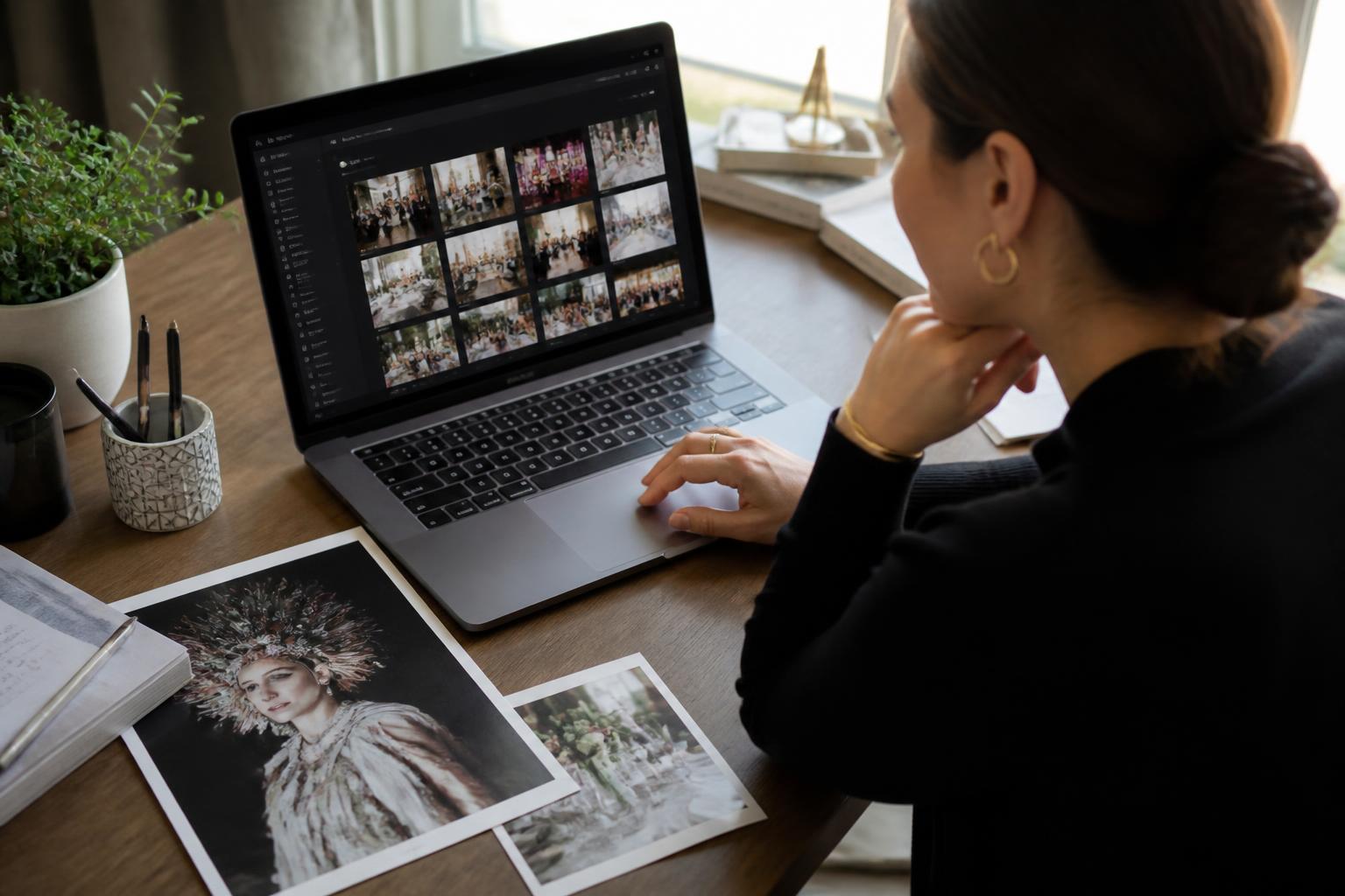 Digitális galéria és fotónyomatok összehasonlítása tervezés közben.